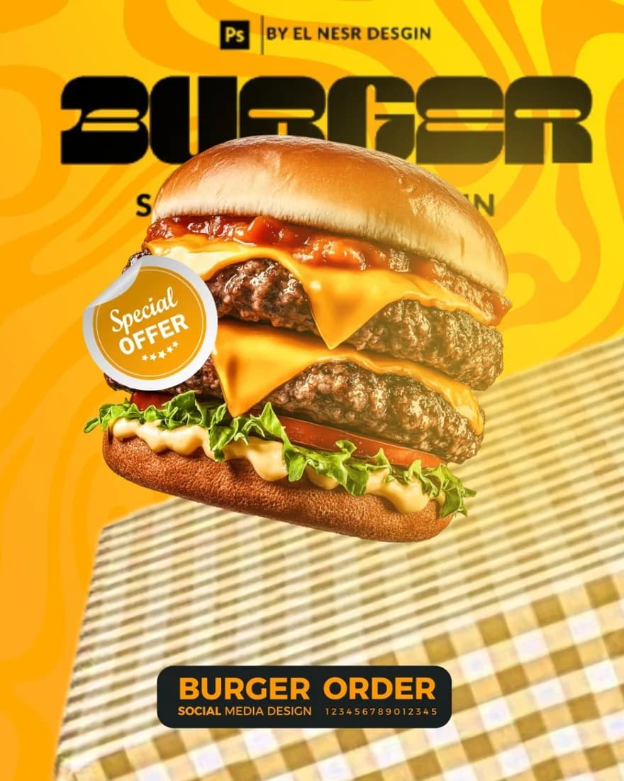 Cheeseburger post on a checked tablecloth